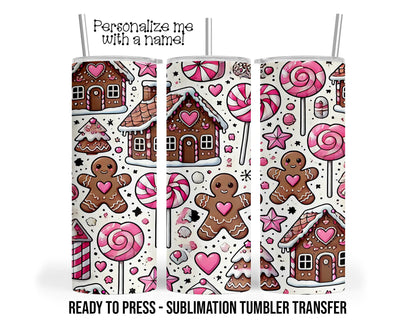 Gingerbread House, Pink Candy Christmas Sublimation Tumbler Transfer Print 20oz Tumbler, Ready To press Heat Transfer SHIPS NEXT DAY