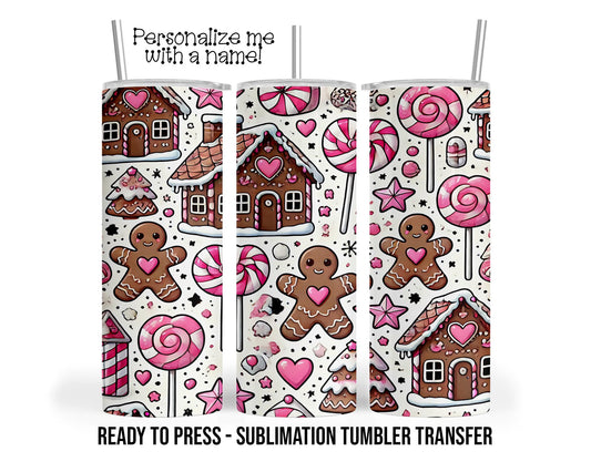 Gingerbread House, Pink Candy Christmas Sublimation Tumbler Transfer Print 20oz Tumbler, Ready To press Heat Transfer SHIPS NEXT DAY