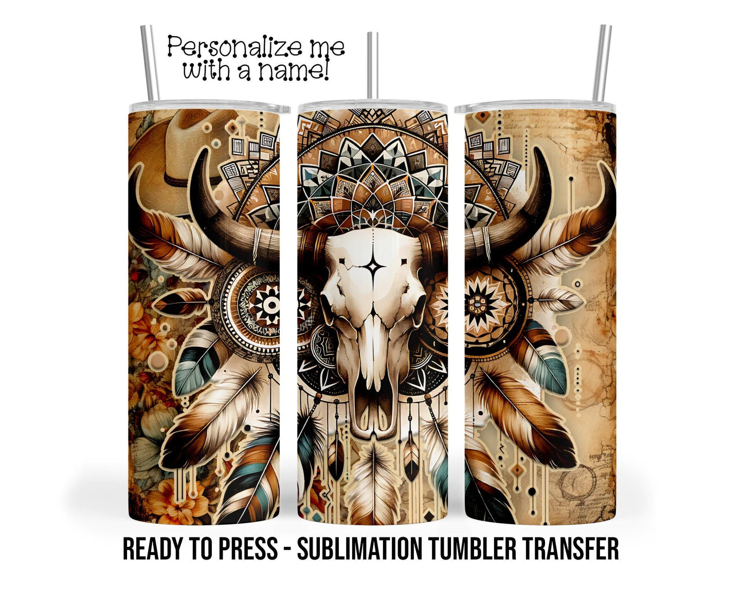 Sublimation Tumbler Transfer Print 20oz Tumbler, Ready To press Heat Transfer | Southwestern Bull Skull Horns | Western Theme Wraps