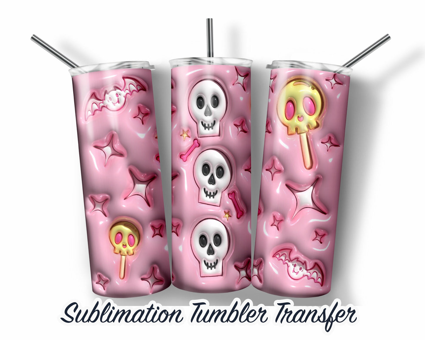 Halloween Skeleton Inflated Puff Sublimation Transfer Print For 20 oz Tumbler - 30 oz Skinny Tumbler - Ready To press - Heat Transfers