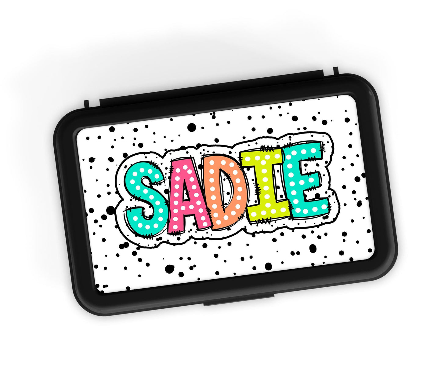 Custom Decal for Pencil Box Personalized with Name, 3.9 tall x 6.8 wide, Waterproof Decals for Student, Classroom Sticker, Rainbow Dot Theme