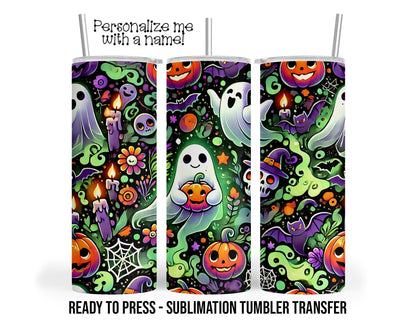 Ghost, Pumpkins, Bats, Spooky, Glow Halloween Sublimation Tumbler Transfer Print 20oz Tumbler, Ready To press Heat Transfer SHIPS NEXT DAY