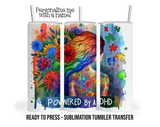 Powered by ADHD, Rainbow Girl Sublimation Tumbler Transfer Print 20 oz Tumbler - 30 oz Tumbler Ready To press Heat Transfers SHIPs NEXT DAY
