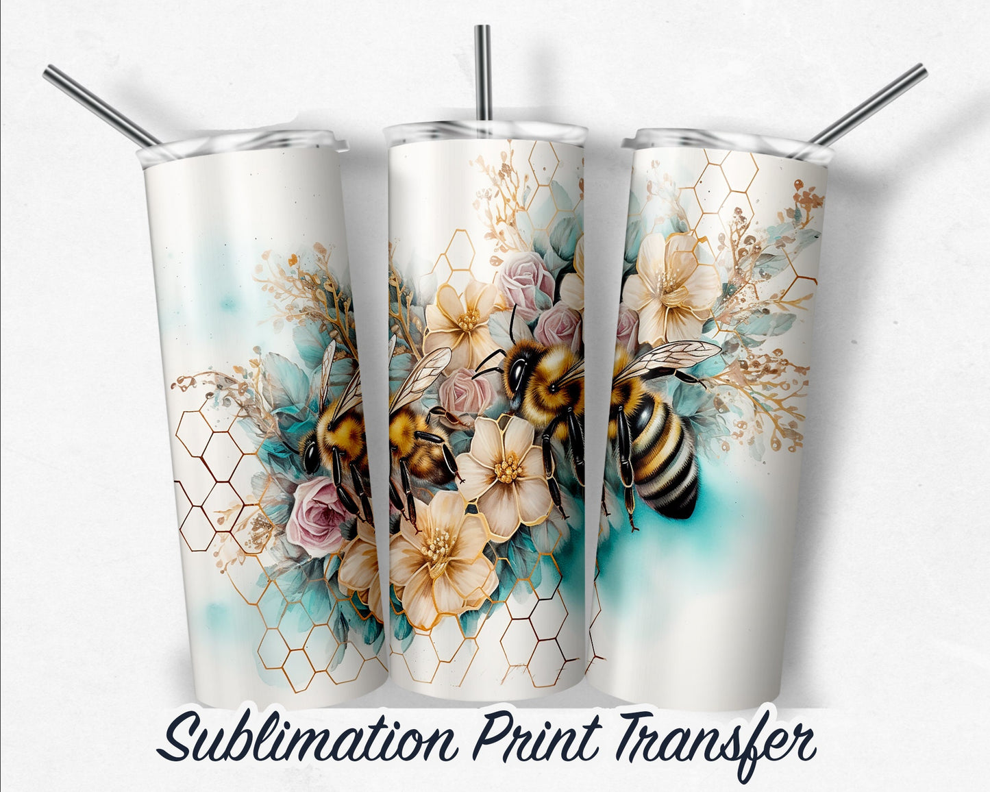 Bee's and Flowers  Sublimation Transfer Print For 20 oz Tumbler - 30 oz Skinny Tumbler - Ready To Press Heat Transfers SHIPS NEXT DAY