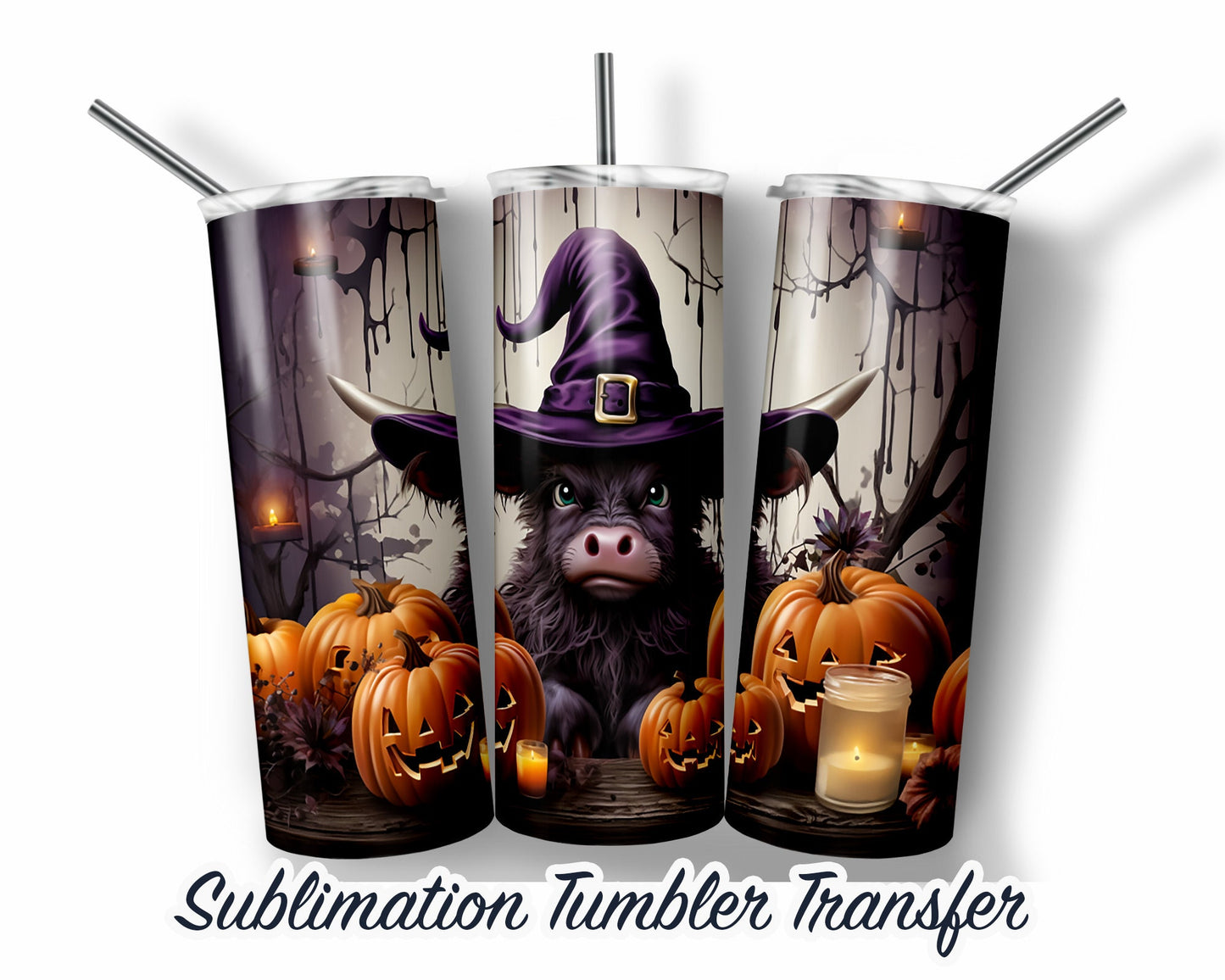 Highland Cow Halloween  Sublimation Transfer Print For 20 oz Tumblers - 30 oz Tumblers - Ready To press - Heat Transfers
