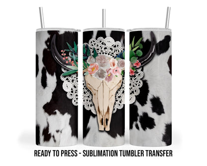 Western Skull Cowhide Sublimation Transfer Print For 20 oz Tumblers - 30 oz Tumblers - Ready To press - Heat Transfers SHIPS NEXT DAY