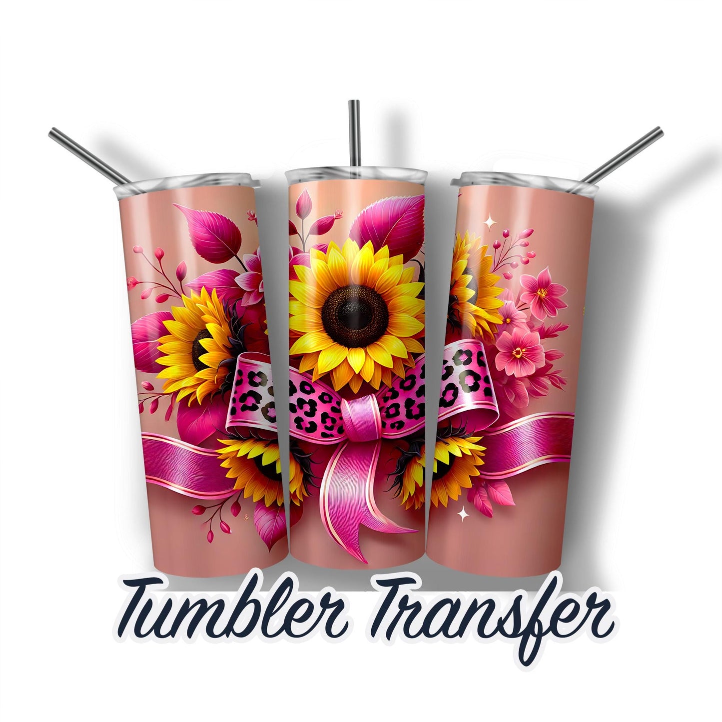 Pink Ribbon and Sunflowers Ready to Press Sublimation Transfer Print 20 oz - 30 oz Tumblers  Ships Next Day