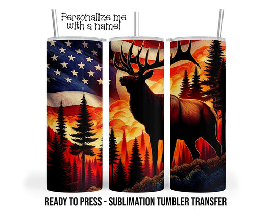 American Hunter Patriotic, Elk Hunter Sublimation Tumbler Transfer Print 20oz Tumbler, Ready To press Heat Transfer SHIPS NEXT DAY