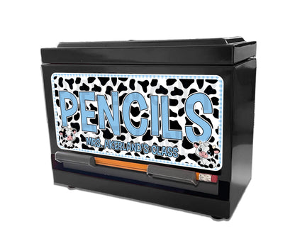 Custom Pencil Dispenser Waterproof Vinyl Decal OR Magnetic Decal Personalized with a name,  Gift Blue Gingham Cow Theme, Classroom Decor