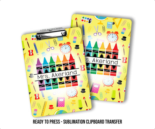 Yellow Crayon Theme Sublimation Clipboard Ready to Press Transfer with personalization SHIPS NEXT DAY