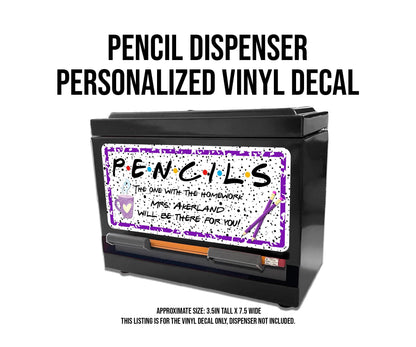Custom Pencil Dispenser Waterproof Vinyl Decal OR Magnetic Decal Personalized with a name,  Purple Pencil Theme, Teacher Appreciation Gift