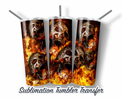 Skulls Fire Halloween Sublimation Transfer Print For 20 oz Tumbler - 30 oz Skinny Tumbler - Ready To press - Heat Transfers SHIPS NEXT DAY