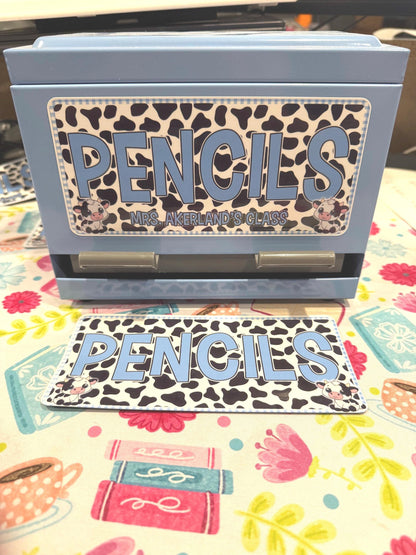 Custom Pencil Dispenser Waterproof Vinyl Decal OR Magnetic Decal Personalized with a name,  Gift Blue Gingham Cow Theme, Classroom Decor