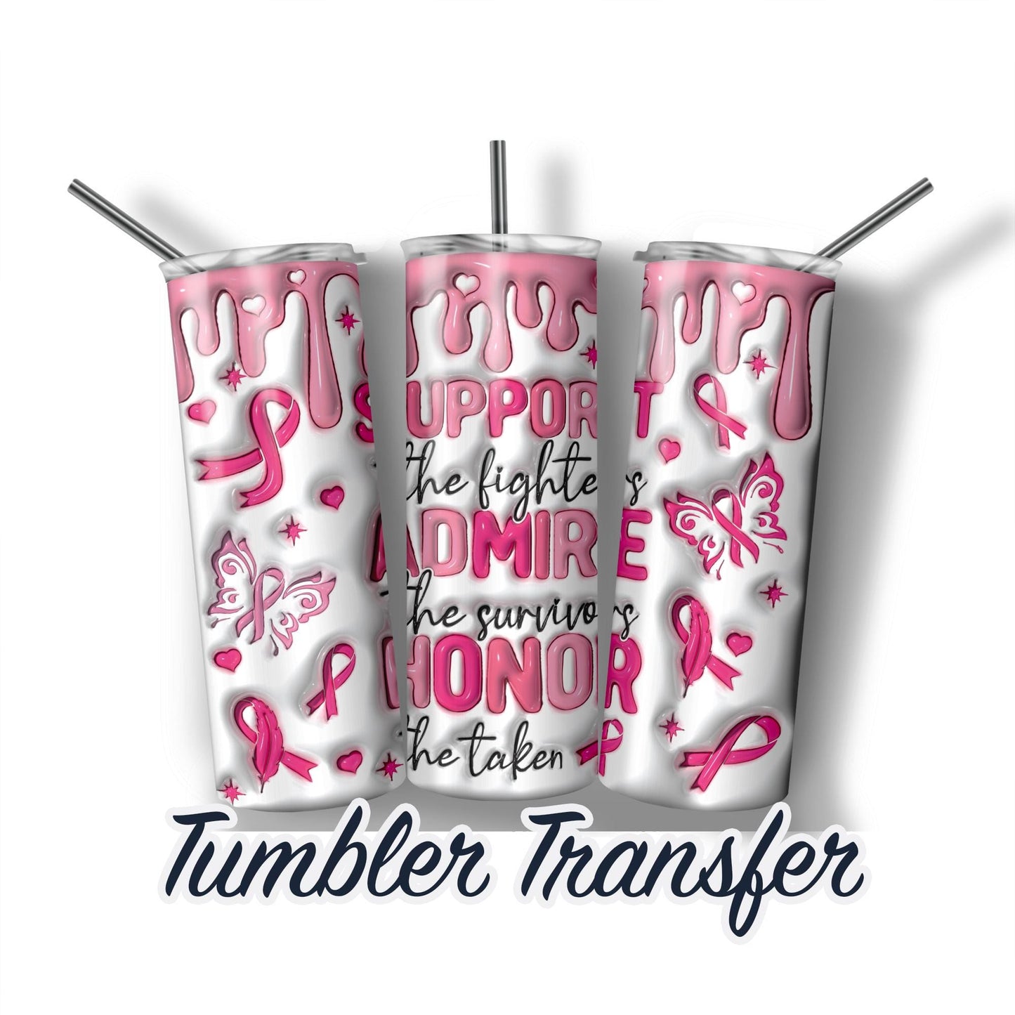 3D Puff Breast Cancer Ready to Press Sublimation Transfer Print 20 oz - 30 oz Tumblers  Ships Next Day