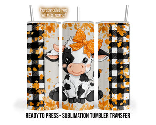 Fall Cow Tumbler Sublimation Transfer, Orange Bow & Buffalo Plaid