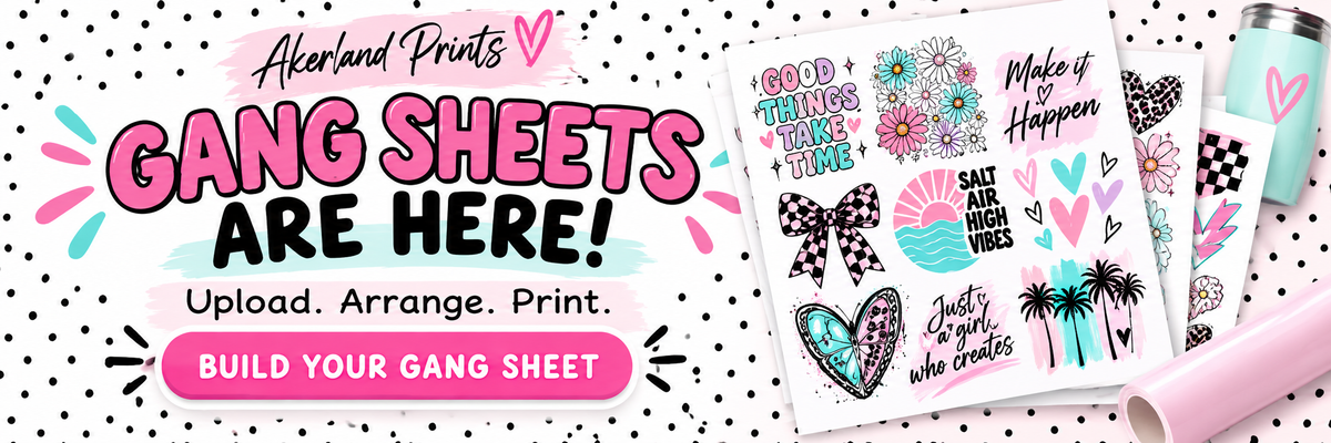 Akerland Prints gang sheets are here. Upload, arrange, print. Build your gang sheet.