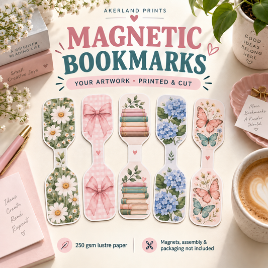 Sample unassembled custom bookmark paper cutouts. Print and cut service on 250 gsm lustre paper; magnets, assembly and packaging not included.