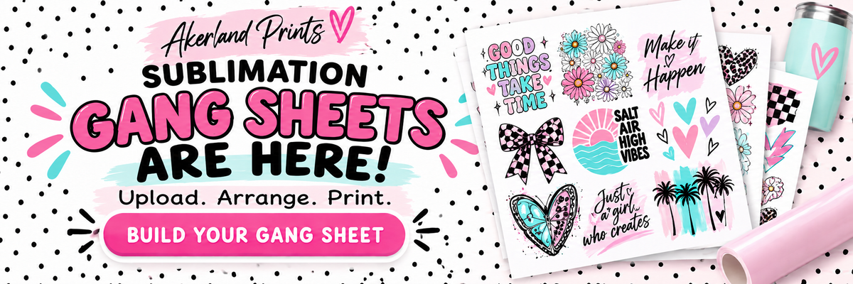 Akerland Prints sublimation gang sheets: upload, arrange and print.
