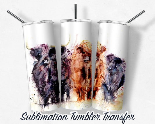 Highland Cow  Sublimation Transfer Print For 20 oz Tumblers - 30 oz Tumblers - Ready To press - Heat Transfers