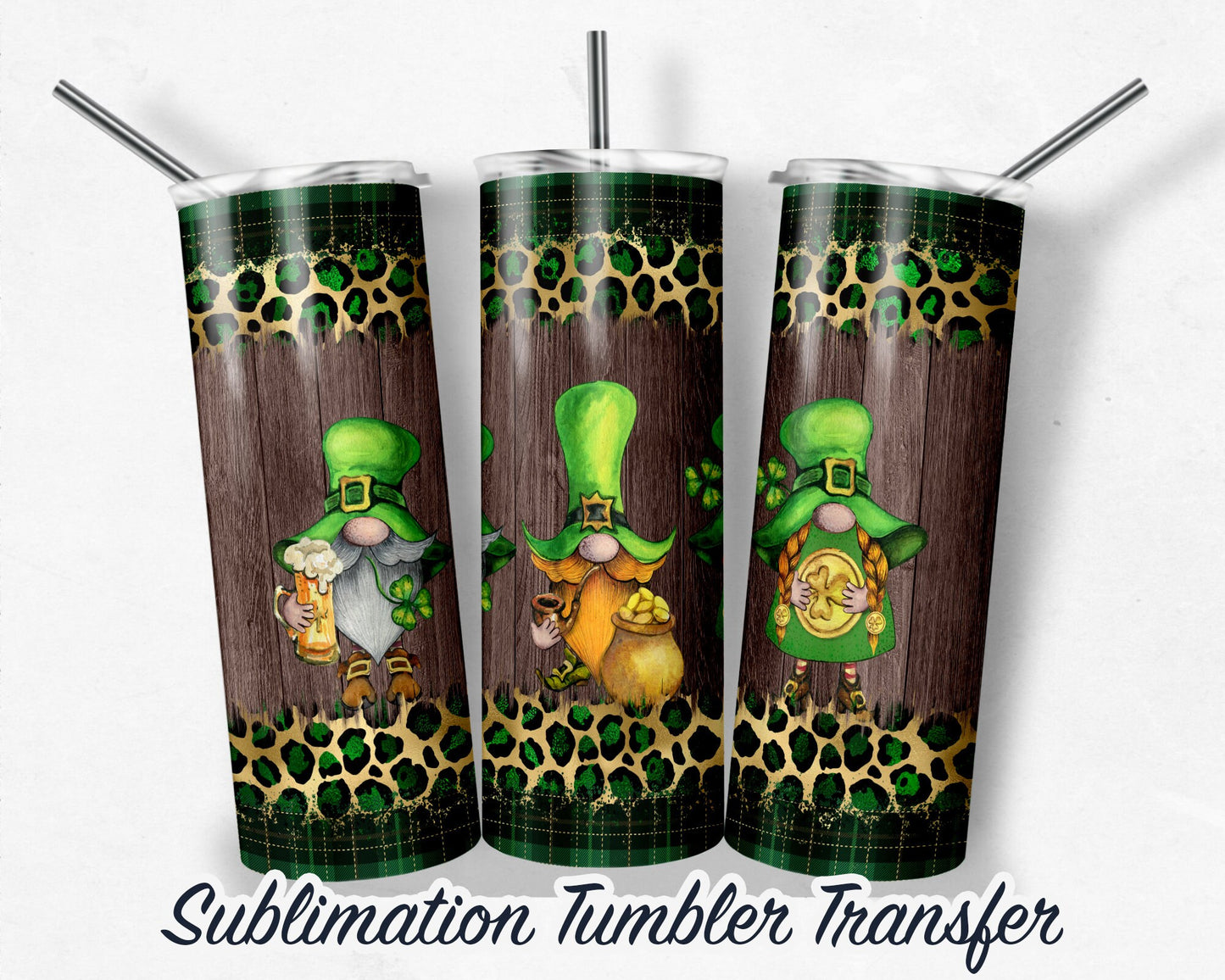 St. Patrick's Day Leopard Gnomes  Sublimation Transfer Print For 20 - 30 oz Tumblers - Ready to Press - Heat Transfers