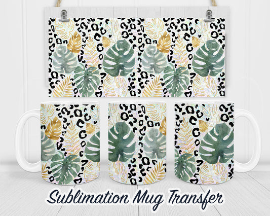 Leopard Print and Plants - Sublimation Transfer Print For 11 oz - 15 oz Mugs - Ready To press - Heat Transfer