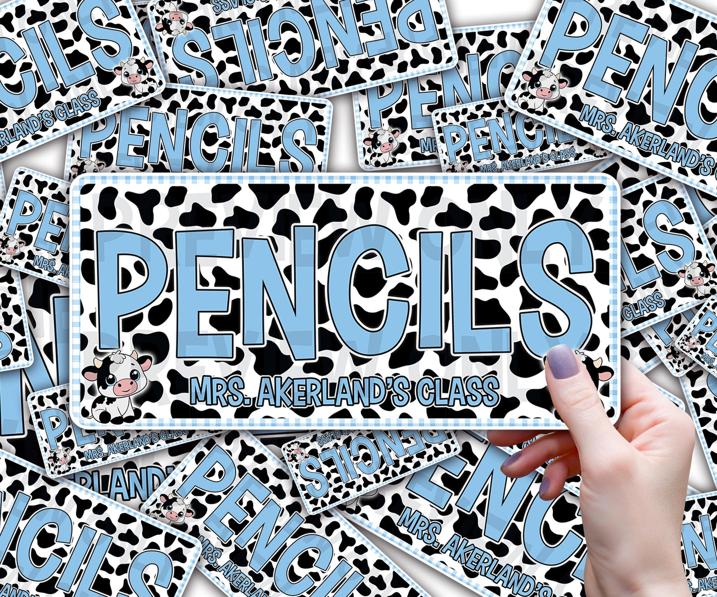 Custom Pencil Dispenser Waterproof Vinyl Decal OR Magnetic Decal Personalized with a name,  Gift Blue Gingham Cow Theme, Classroom Decor