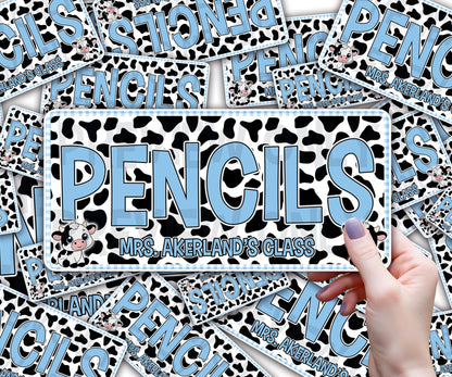 Custom Pencil Dispenser Waterproof Vinyl Decal OR Magnetic Decal Personalized with a name,  Gift Blue Gingham Cow Theme, Classroom Decor