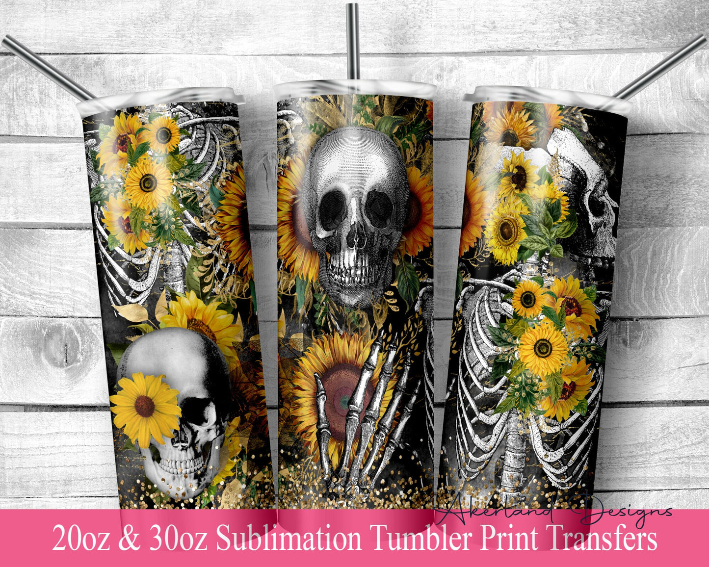 Sunflowers and Skulls Sublimation Transfer Print For 20 oz Tumbler - 30 oz Skinny Tumbler - Ready To press - Heat Transfers - Fast Shipping