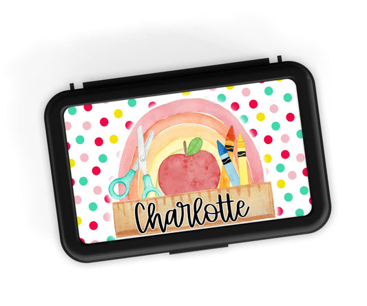 Custom Decal for Pencil Box Personalized with Name, 3.9 tall x 6.8 wide, Waterproof Decals for Student, Classroom Sticker, Rainbow Dot Theme
