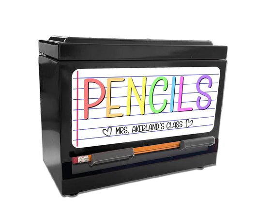 Custom Pencil Dispenser Vinyl Decal Personalized with a name, Waterproof Decal, Rainbow Theme, Teacher Appreciation Approx. 3.5x7.5 inches