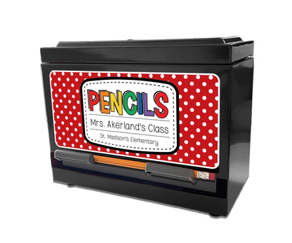 Custom Pencil Dispenser Waterproof Vinyl Decal OR Magnetic Decal Personalized with a name, Red Polka Dot Theme, Teacher Appreciation Gift