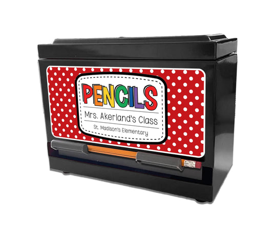 Custom Pencil Dispenser Waterproof Vinyl Decal OR Magnetic Decal Personalized with a name, Red Polka Dot Theme, Teacher Appreciation Gift