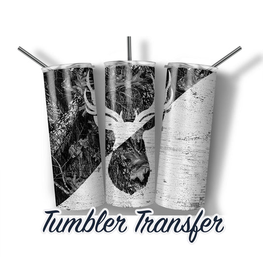 Black and White Deer head Camo  Sublimation Transfer Print For 20 oz - 30 oz Skinny Tumbler - Ready To Press Ships Next Day