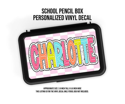 Custom Decal for Pencil Box Personalized with Name, 3.9 tall x 6.8 wide, Waterproof Decals for Student, Classroom Sticker, Rainbow Dot Theme
