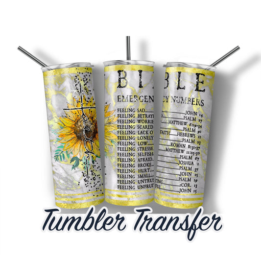 Bible Emergency Numbers Sublimation Transfer Print For 20 oz Tumbler - 30 oz Skinny Tumbler - Ready To press - Heat Transfers SHIPS NEXT DAY