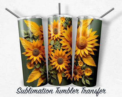3D Sunflower  Sublimation Transfer Print For 20 oz - 30 oz Skinny Tumbler - Ready To press - Heat Transfers