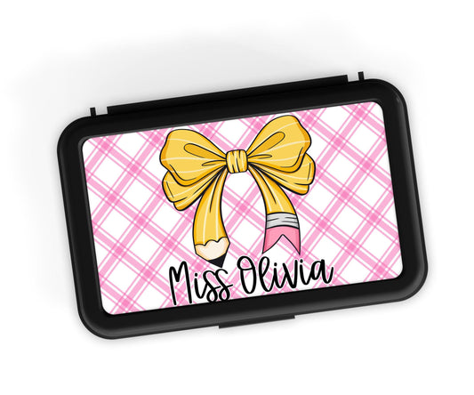 Custom Decal for Pencil Box Personalized with Name, 3.9 tall x 6.8 wide, Waterproof Decals for Students, Classroom Sticker, Pencil Box Check