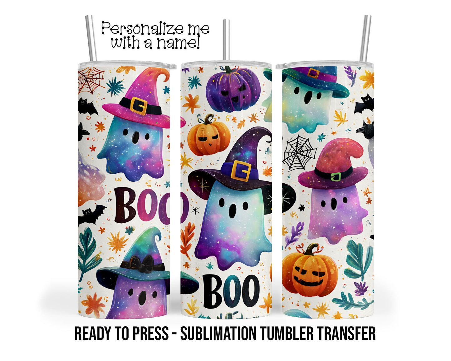 Ghost Witch, Halloween, Pumpkin, Pastel Sublimation Tumbler Transfer Print 20oz Tumbler, Ready To press Heat Transfer SHIPS NEXT DAY