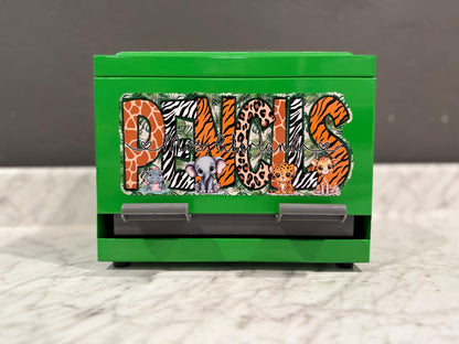 Safari Theme Custom Pencil Dispenser Vinyl Decal Personalized with a name 7.3 x 3.2 inches, Classroom Decor, Safari Theme Classroom Sticker
