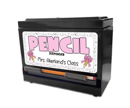 Custom Pencil Dispenser Waterproof Vinyl Decal OR Magnetic Decal Personalized with a name, Pink Pencil Bow Theme, Teacher Appreciation