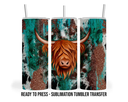 Highland Cow Sublimation Transfer Print For 20 oz Tumblers - 30 oz Tumblers - Ready To press - Heat Transfers SHIPS NEXT DAY