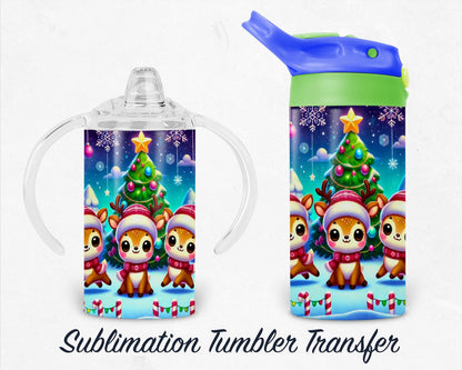Christmas Reindeer - Kids 12 oz Sippy Sublimation Tumbler Transfer - Ready To press Heat Transfers SHIPS NEXT DAY
