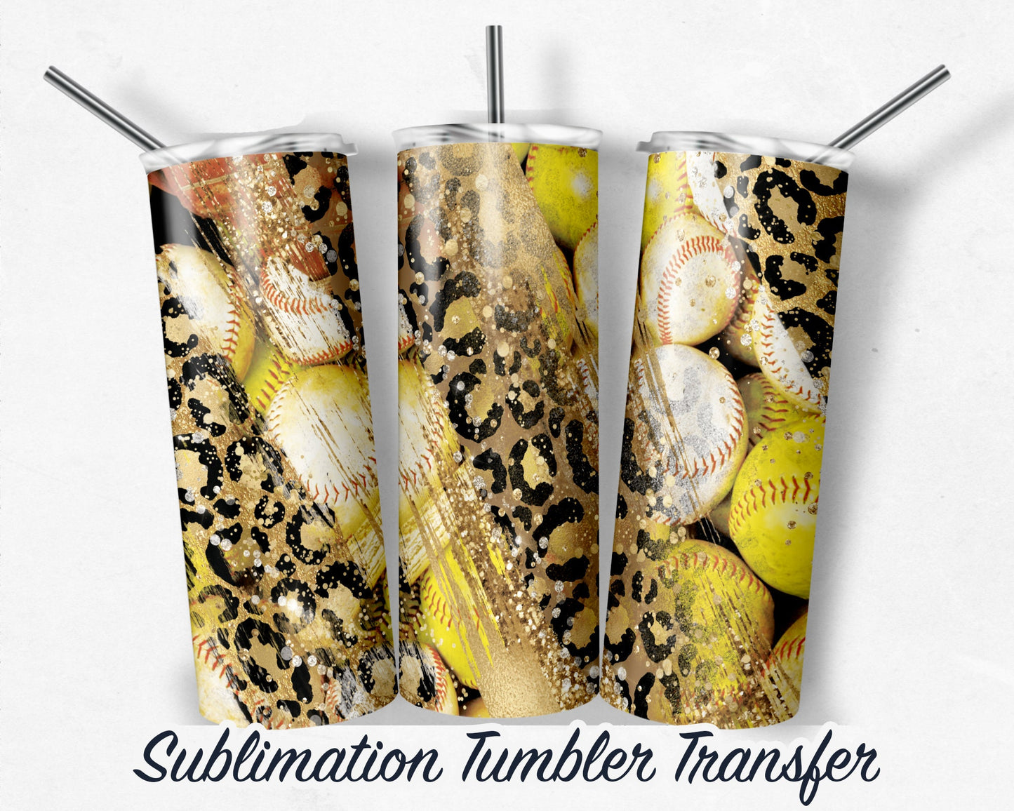 Baseballs and Softballs Leopard Sublimation Transfer Print For 20 oz Tumblers - 30 oz Tumblers Ready To press Heat Transfers SHIPS NEXT DAY