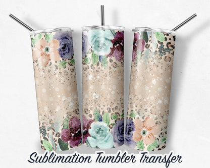Leopard Floral  Sublimation Transfer Print For 20 oz - 30 oz Tumblers - Ready to Press - Heat Transfers