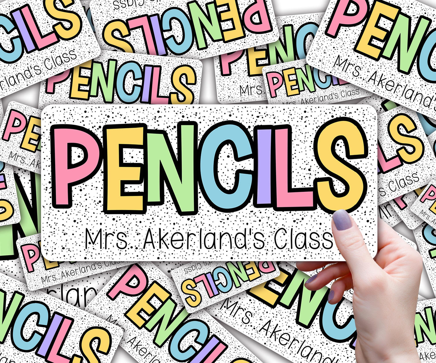 Custom Pencil Dispenser Waterproof Vinyl Decal OR Magnetic Decal Personalized with a name,  Rainbow Dotted Theme, Teacher Appreciation Gift