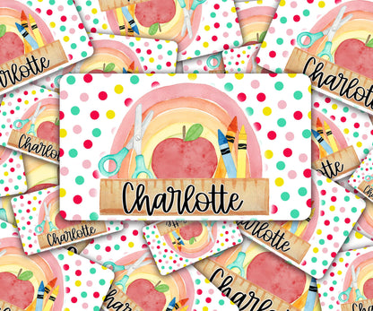 Custom Decal for Pencil Box Personalized with Name, 3.9 tall x 6.8 wide, Waterproof Decals for Student, Classroom Sticker, Rainbow Dot Theme