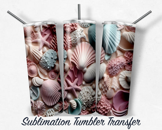3D Seashells  Sublimation Transfer Print 20 oz - 30 oz Skinny Tumbler - Ready to Press - Heat Transfers