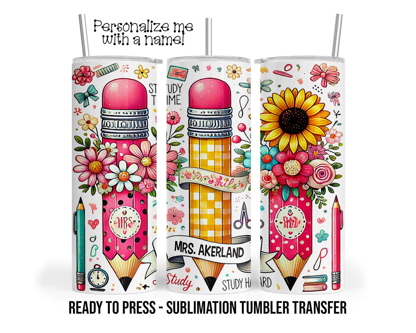Sublimation Tumbler Transfer Print 20oz Tumbler, Ready To press Heat Transfer Teacher Appreciation Wrap, Pencil Floral School Tumbler Wrap