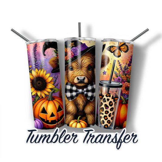 Highland Cow Halloween  Sublimation Transfer Print For 20 oz Tumblers - 30 oz Tumblers Ready To press Transfers Ships Next Day