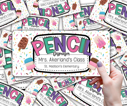 Custom Pencil Dispenser Waterproof Vinyl Decal OR Magnetic Decal Personalized with a name, Pastel Ice Cream Theme, Teacher Appreciation Gift